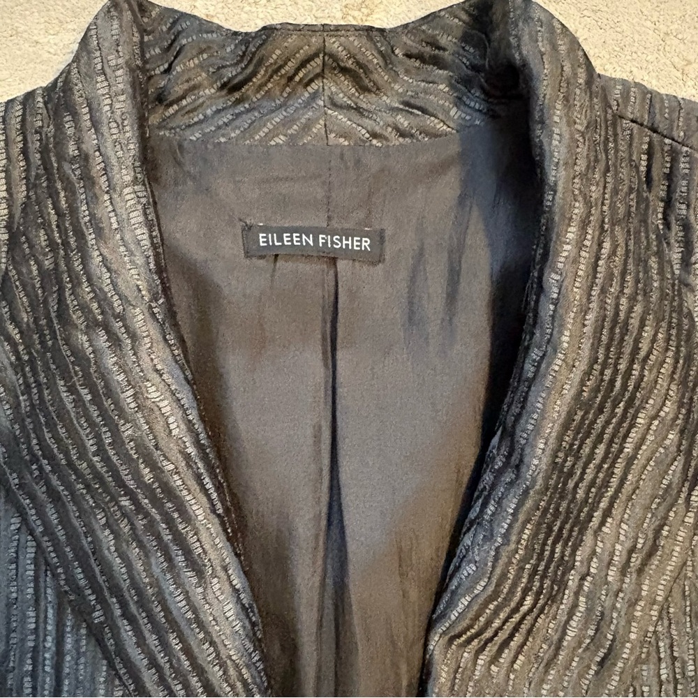 Eileen Fisher Metallic Grey Textured Silk Open Front 3/4 Jacket Size MEDIUM - Picture 8 of 16